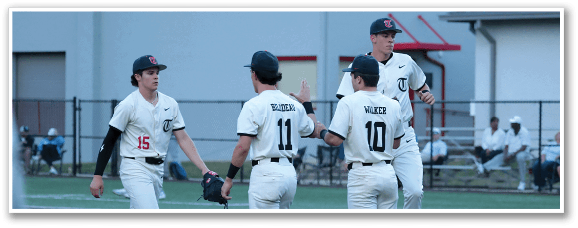 Three baseball players wearing white uniforms and black hats are standing on a field. AI generated content