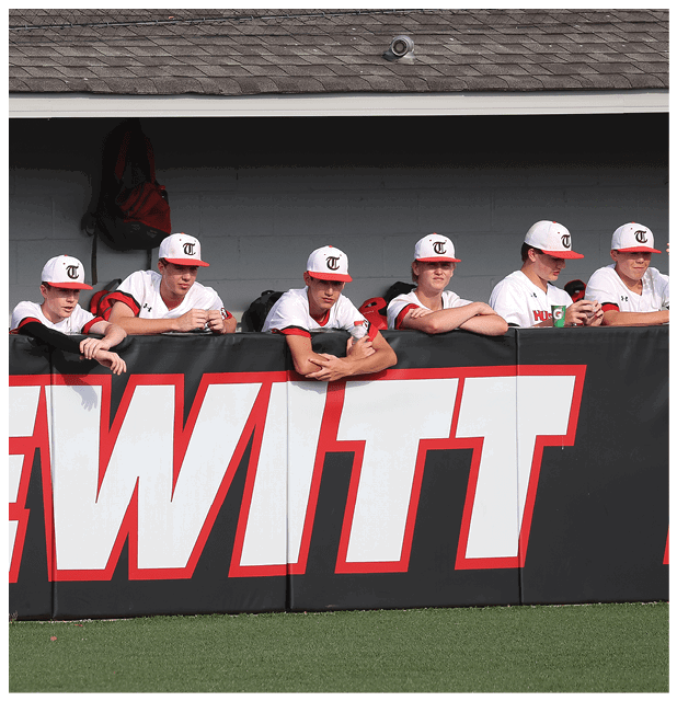 A group of people are sitting on a bench in front of a black and red sign. AI generated content