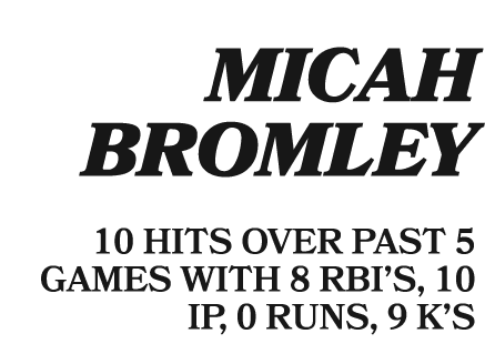  MICAH BROMLEY 10 HITS OVER PAST 5 GAMES WITH 8 RBI’S, 10 IP, 0 RUNS, 9 K’S