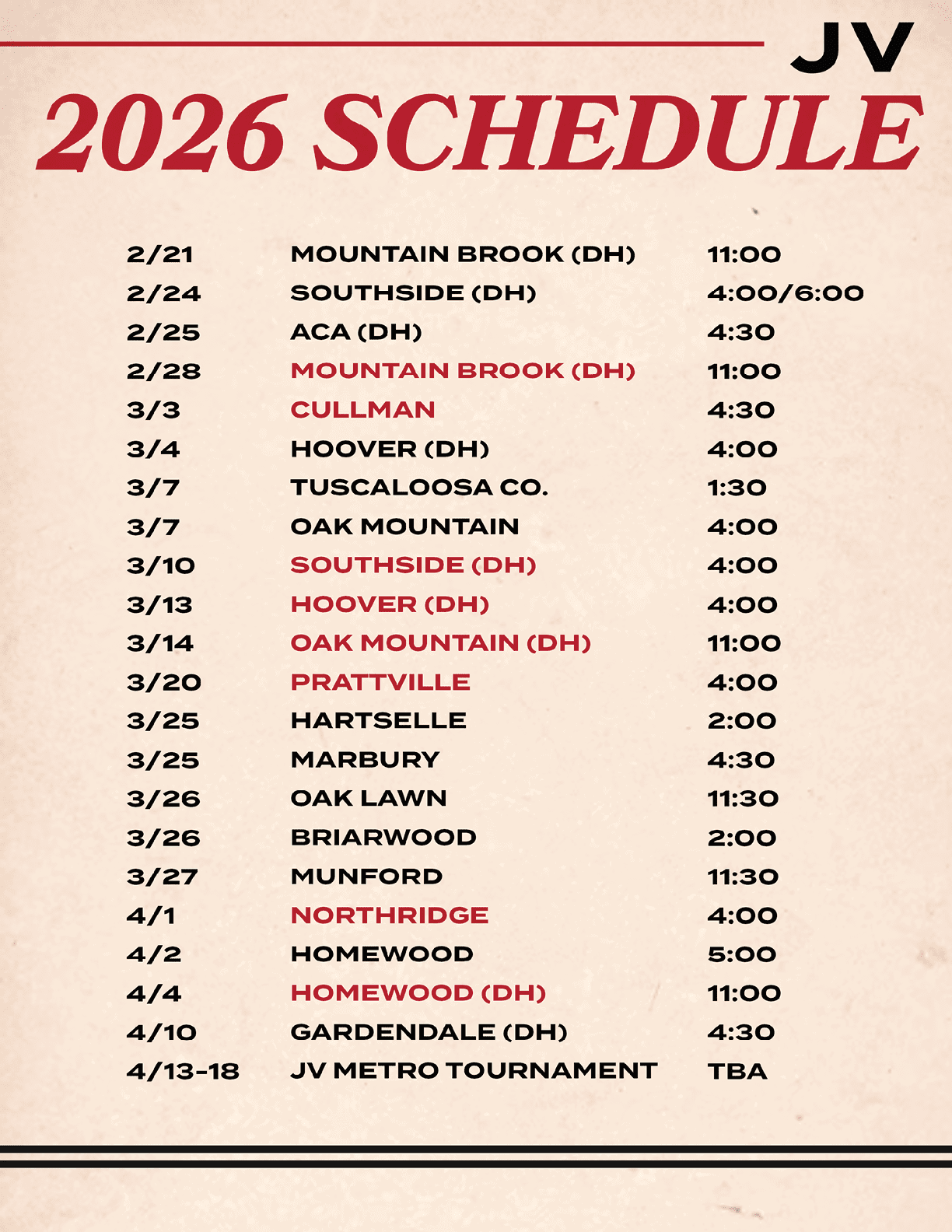 A calendar listing the dates and locations of JV games. AI generated content