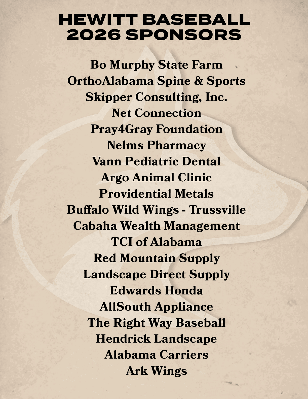 A sponsorship list for a baseball team includes companies such as Bojangles State Farm, Argo Animal Clinic, and TCI of Alabama. AI generated content