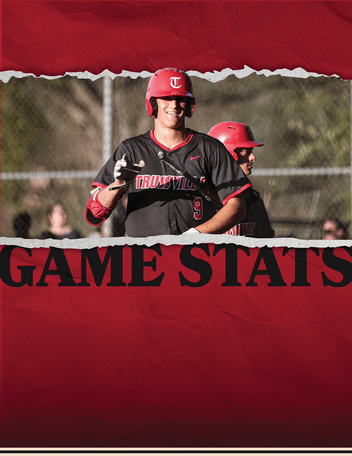 A baseball player wearing a red helmet and a black jersey with the word Trinityville on it. AI generated content