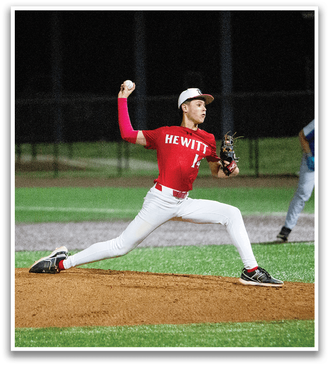 A baseball player in a red shirt and white pants is pitching a ball on a field. Another player is standing behind him, wearing a blue shirt. AI generated content