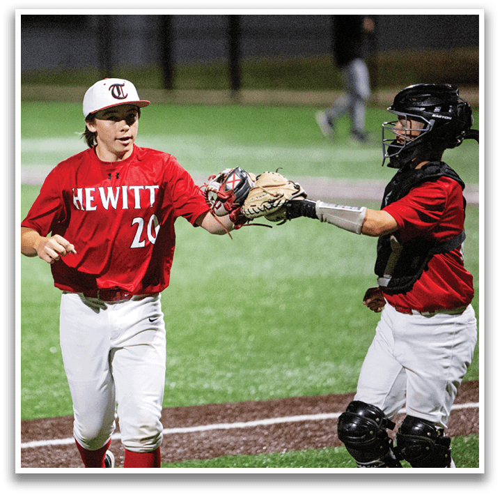 Two baseball players are on the field, one holding a baseball glove and the other holding a baseball bat. AI generated content