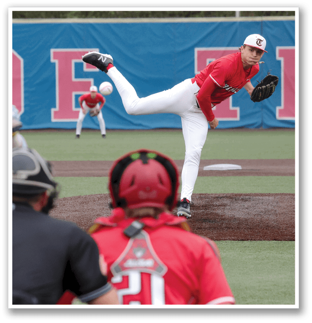 A baseball player in a red shirt is throwing a ball on a field. AI generated content
