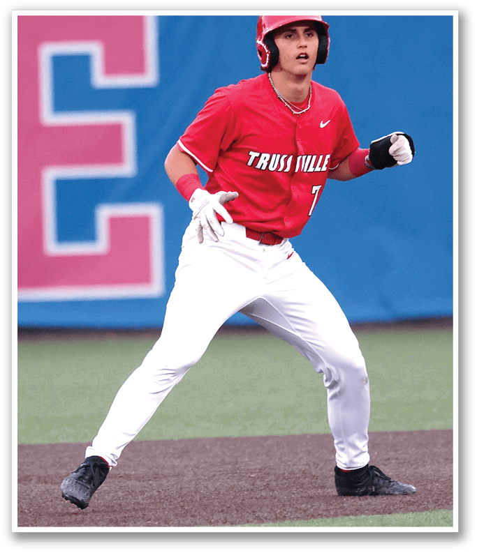 A baseball player in a red jersey is running to first base. AI generated content