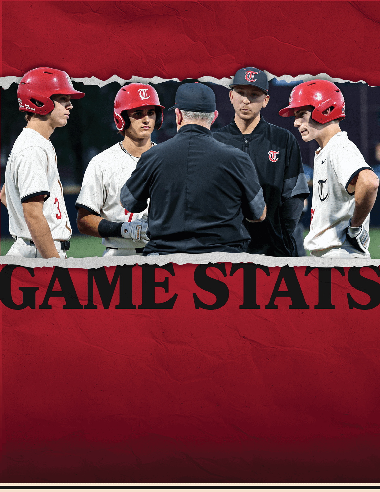 Three baseball players wearing red helmets and white uniforms are standing next to an umpire. AI generated content