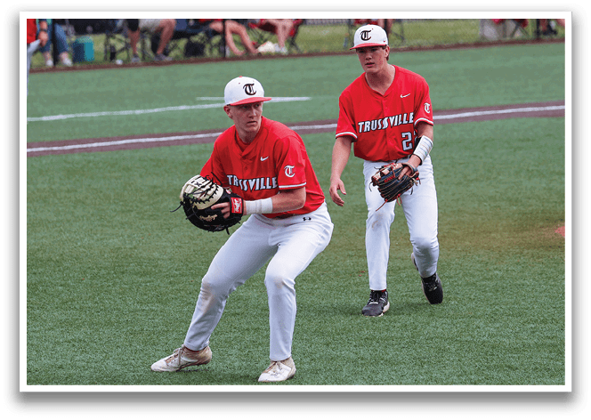 Two baseball players on a field, one wearing a red shirt and white pants, the other wearing a red shirt and white pants. AI generated content