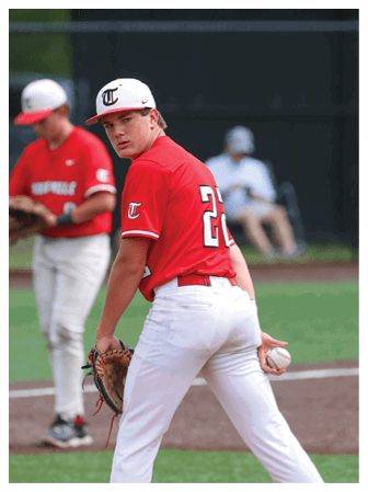 A baseball player in a red jersey is holding a baseball glove and preparing to throw the ball. AI generated content