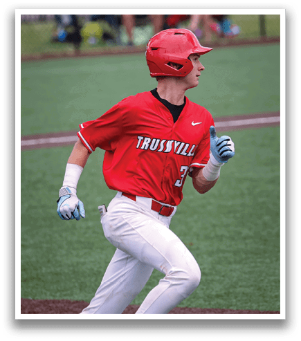 A baseball player wearing a red shirt and white pants is running on the field. AI generated content