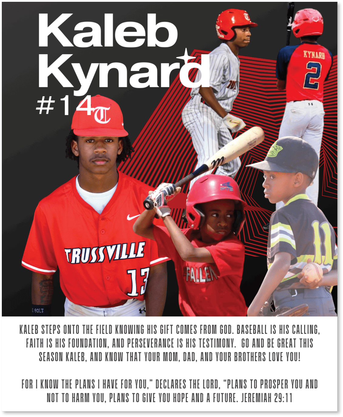 A baseball player named Kaleb wearing a red jersey with the number 14. AI generated content