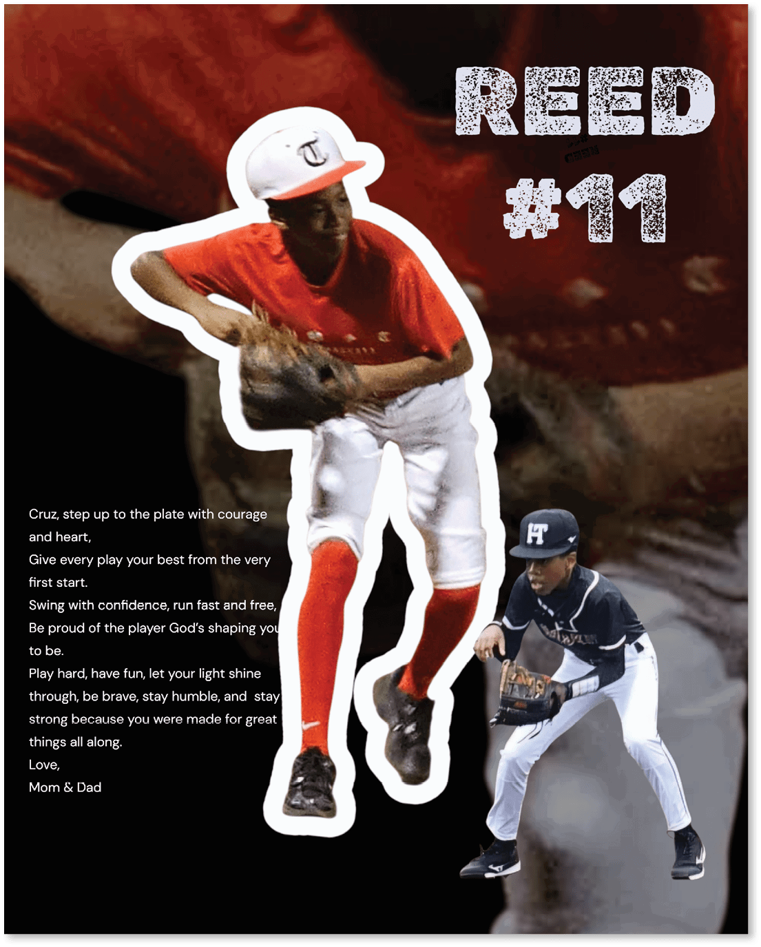 A baseball player in a red shirt and white pants is holding a baseball glove. AI generated content
