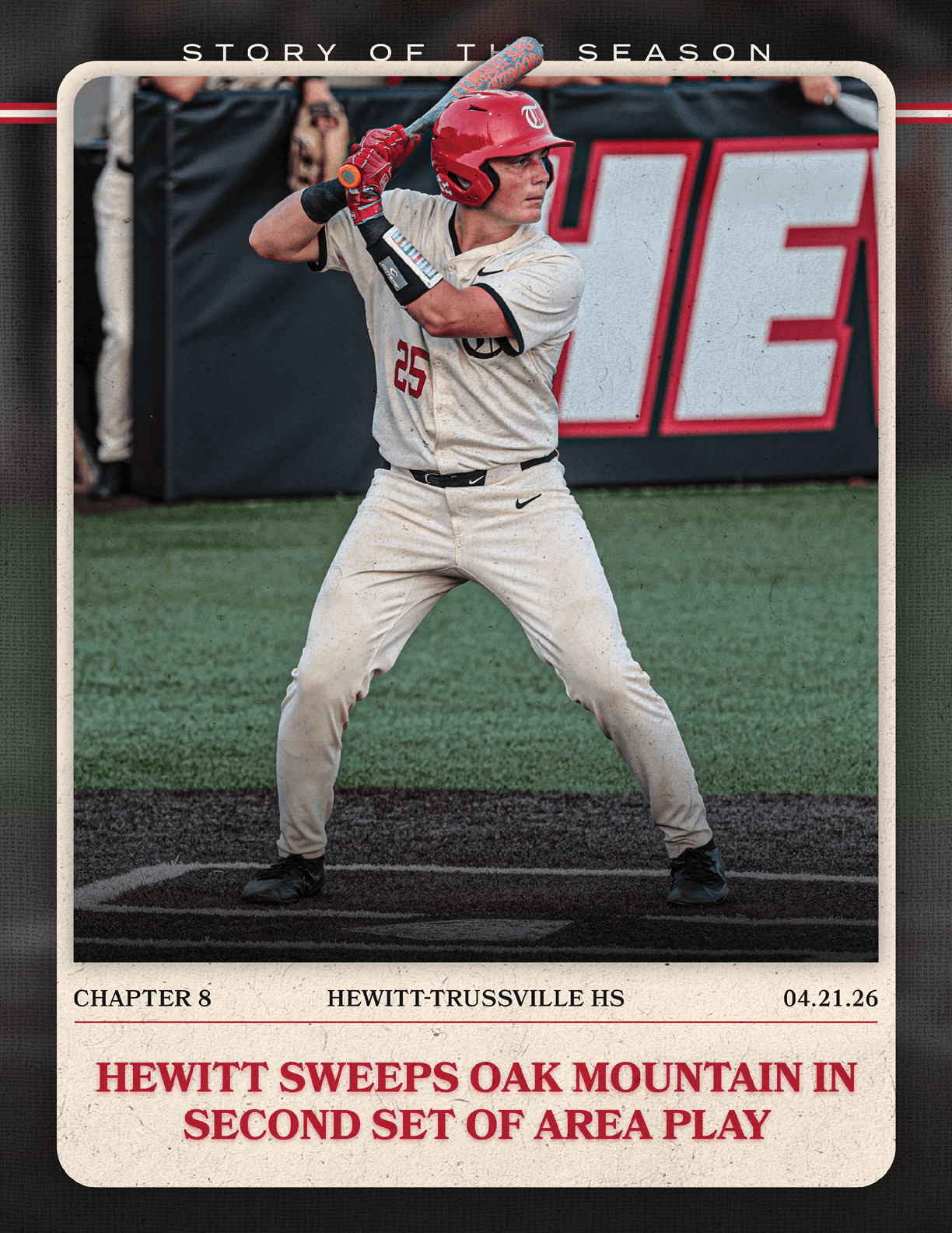 A baseball player in a red helmet and white uniform is holding a bat, ready to swing. AI generated content