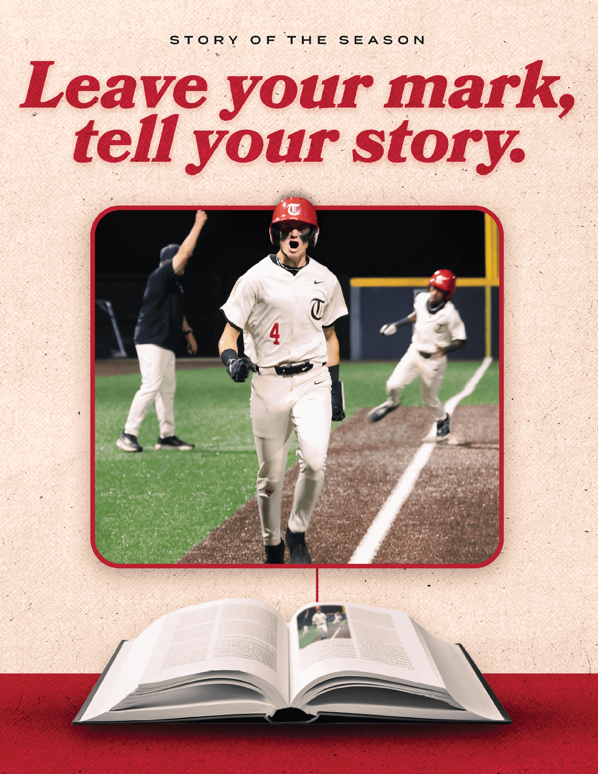 A baseball player wearing a red helmet and white uniform is running towards a base. AI generated content