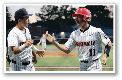 Two baseball players from the team “Trojans" are shaking hands on the field. AI generated content