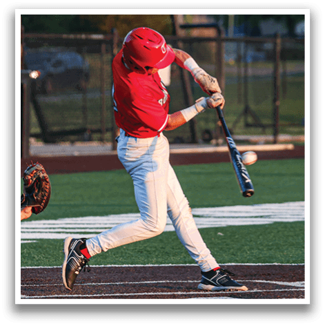 A baseball player in a red shirt and white pants is swinging a bat at a ball. AI generated content