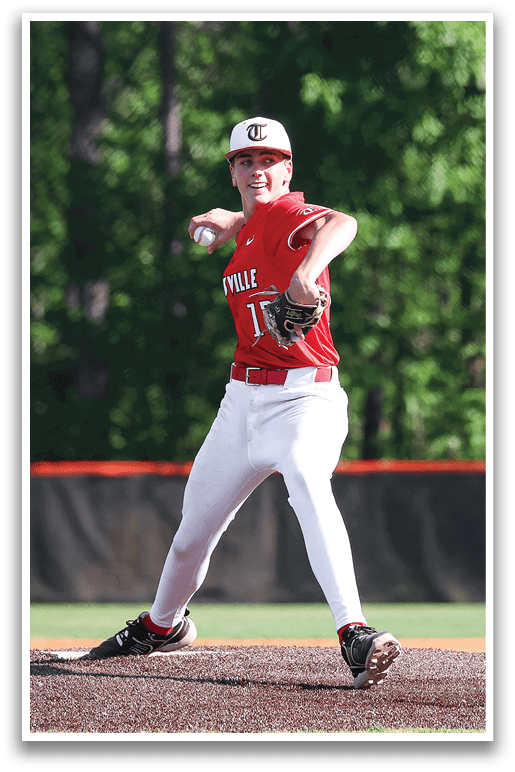 A baseball player in a red shirt and white pants is pitching a ball. AI generated content