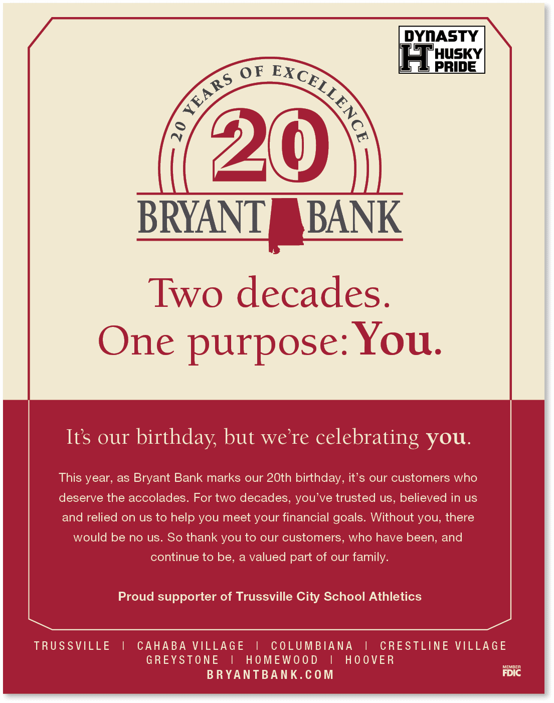 A poster advertising Bryant Bank's 20th anniversary. AI generated content