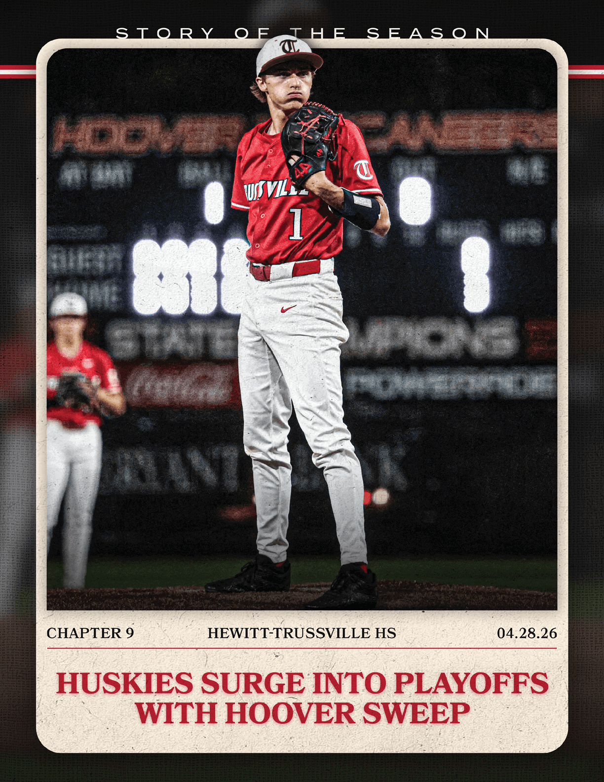 A baseball player in a red jersey stands on a field. AI generated content