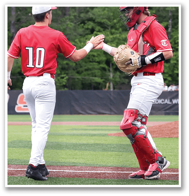 Two baseball players shake hands on the field. AI generated content