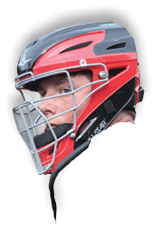 A man wearing a red and black helmet with a face guard. AI generated content