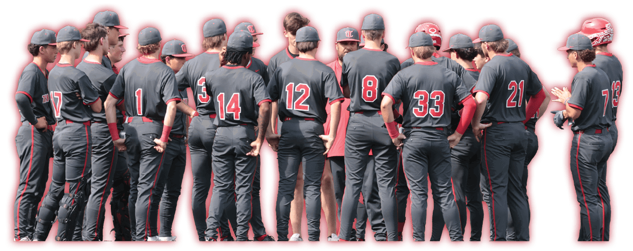 A group of baseball players wearing grey uniforms and red numbers on their backs. AI generated content