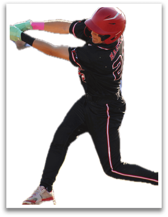 A baseball player in a black and red uniform is swinging a bat, attempting to hit a ball. AI generated content