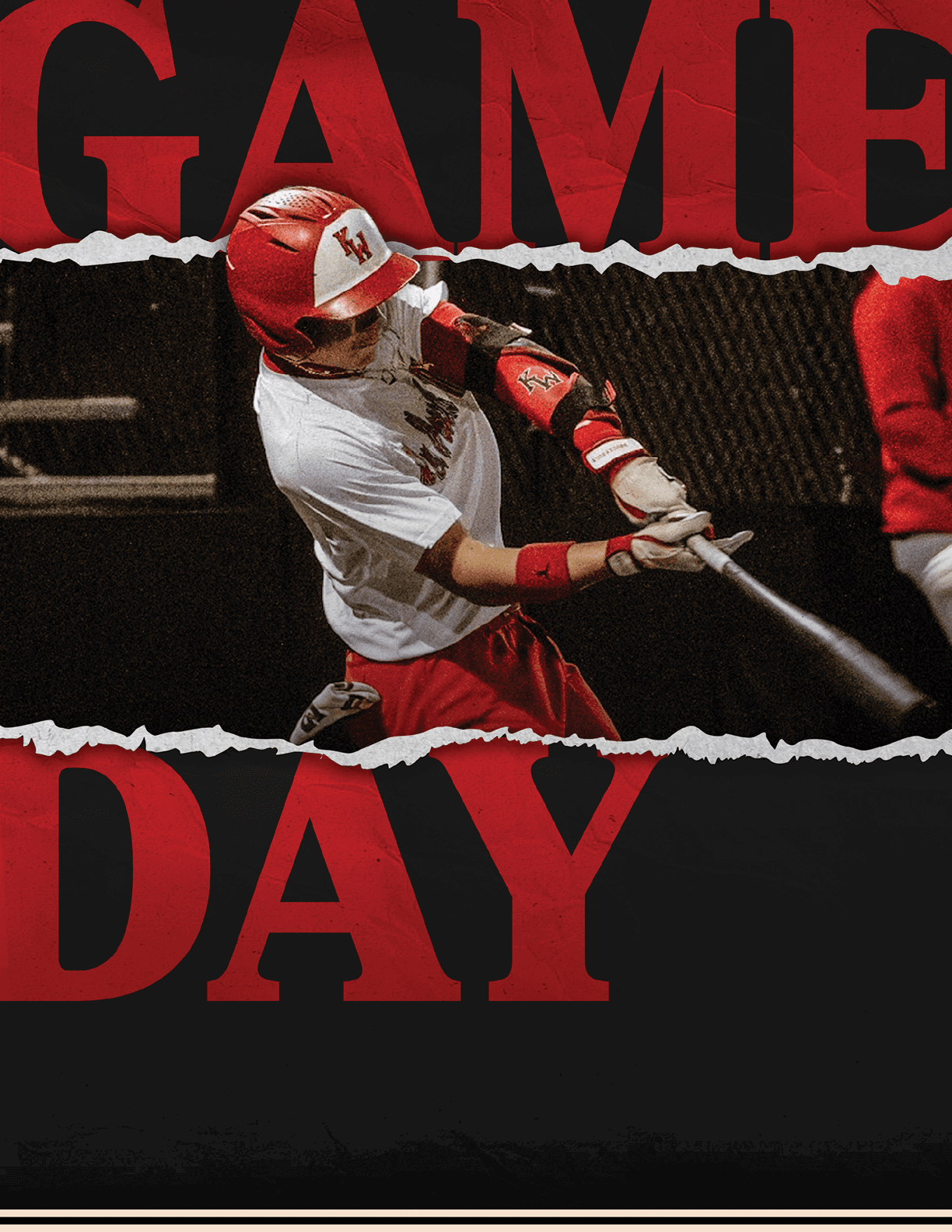 A baseball player in a white shirt and red pants is swinging a bat. AI generated content