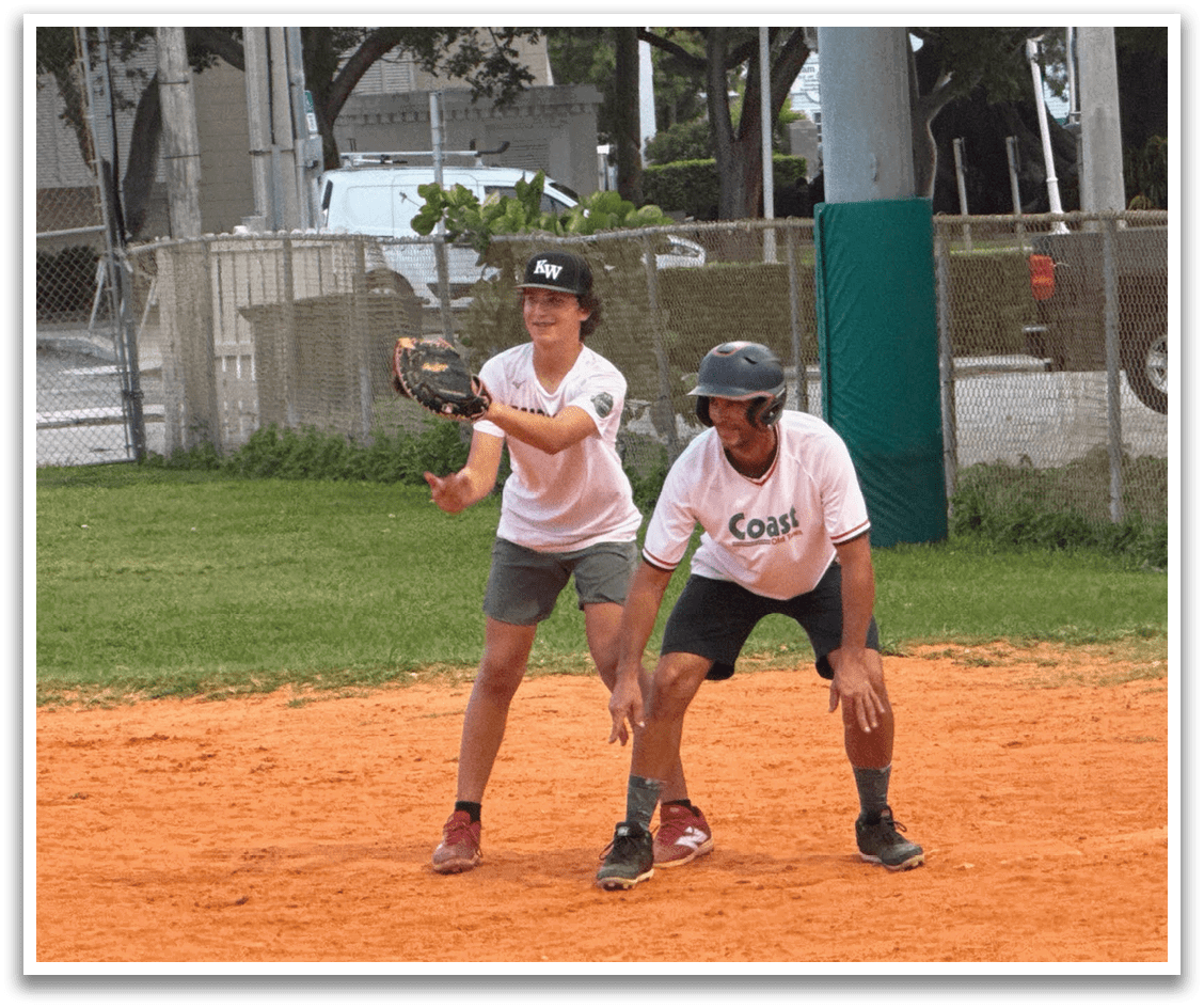 Two baseball players on a field, one wearing a catcher's mitt and the other wearing a helmet. AI generated content
