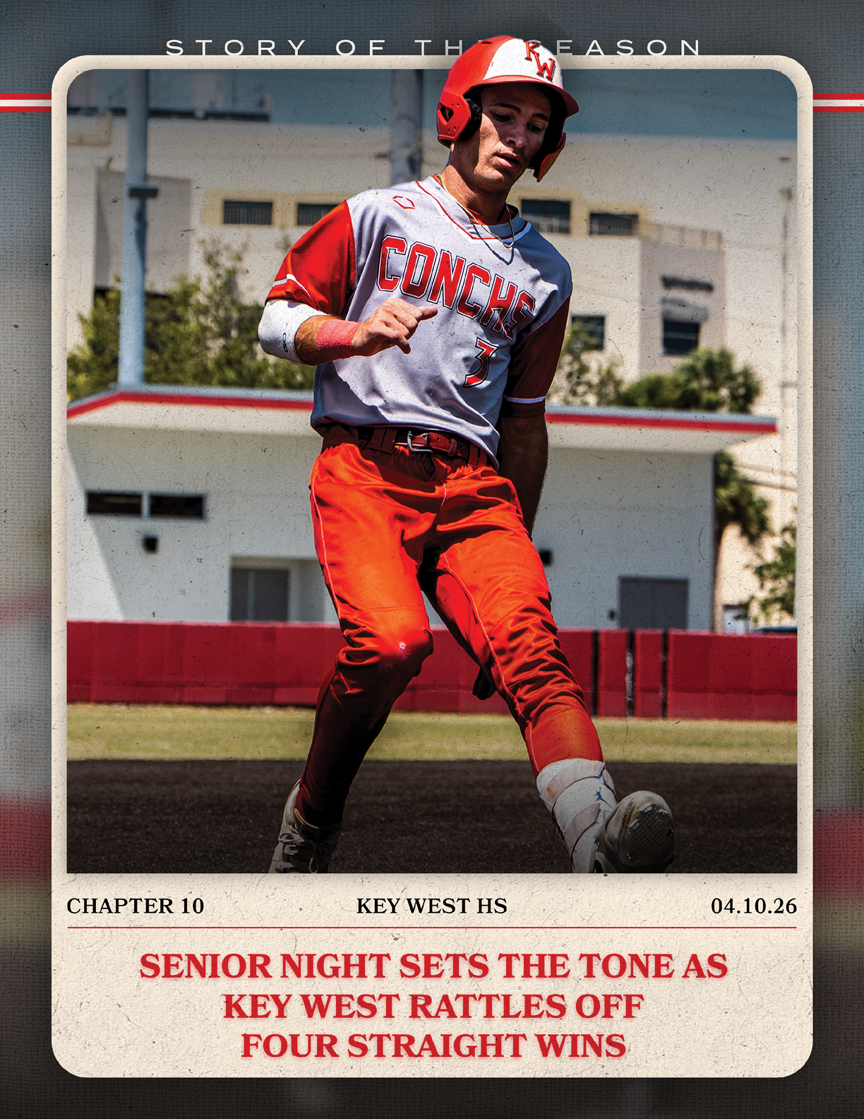 A baseball player in a red and white uniform. Description generated by AI