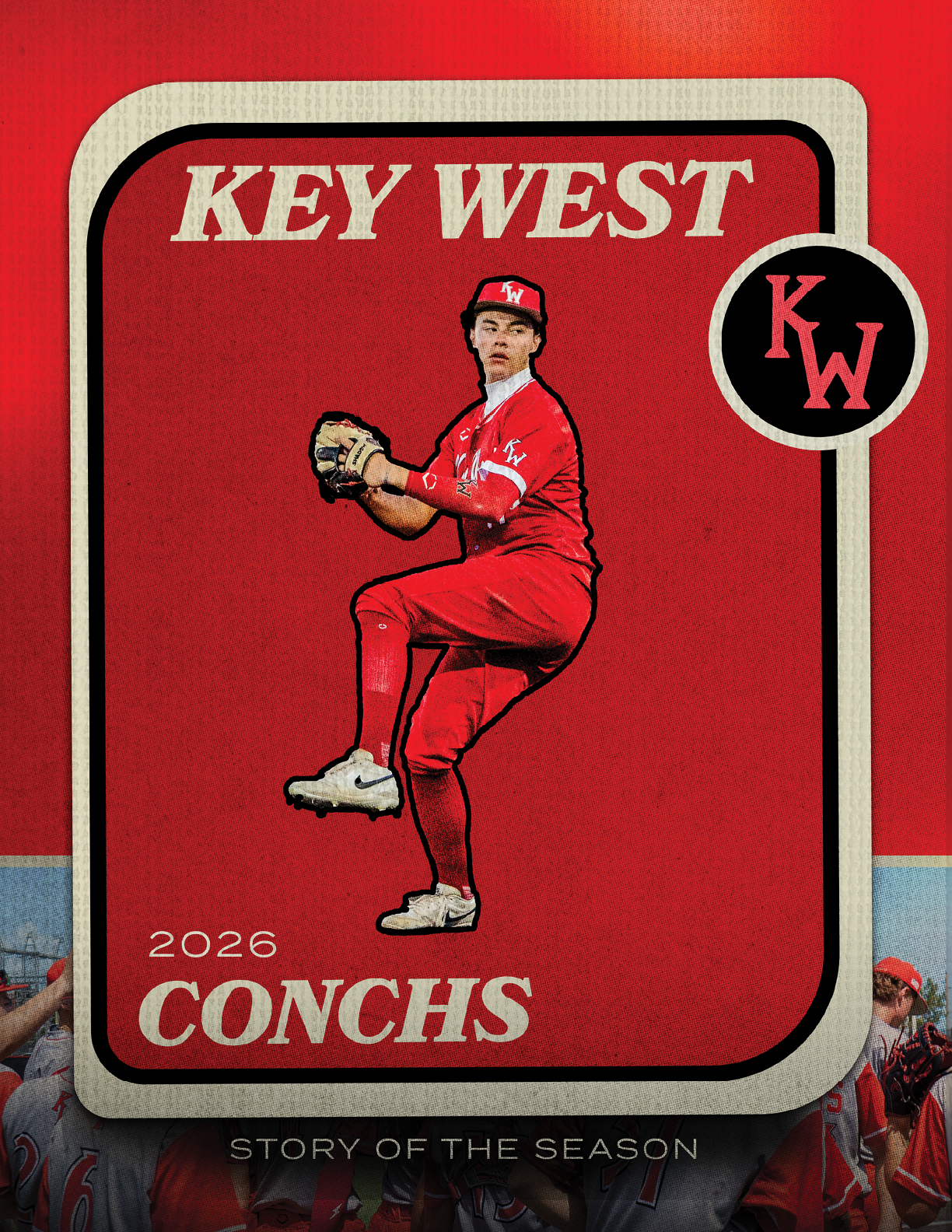 A red and white baseball card with a man in a red uniform and a baseball glove. Description generated by AI