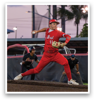 A baseball player in a red uniform is pitching a ball. Description generated by AI
