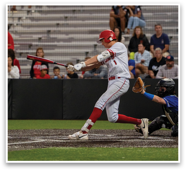 A baseball player is swinging a bat at a ball. Description generated by AI