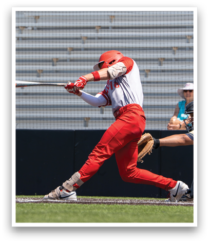 A baseball player in a red and white uniform is swinging a bat. Description generated by AI