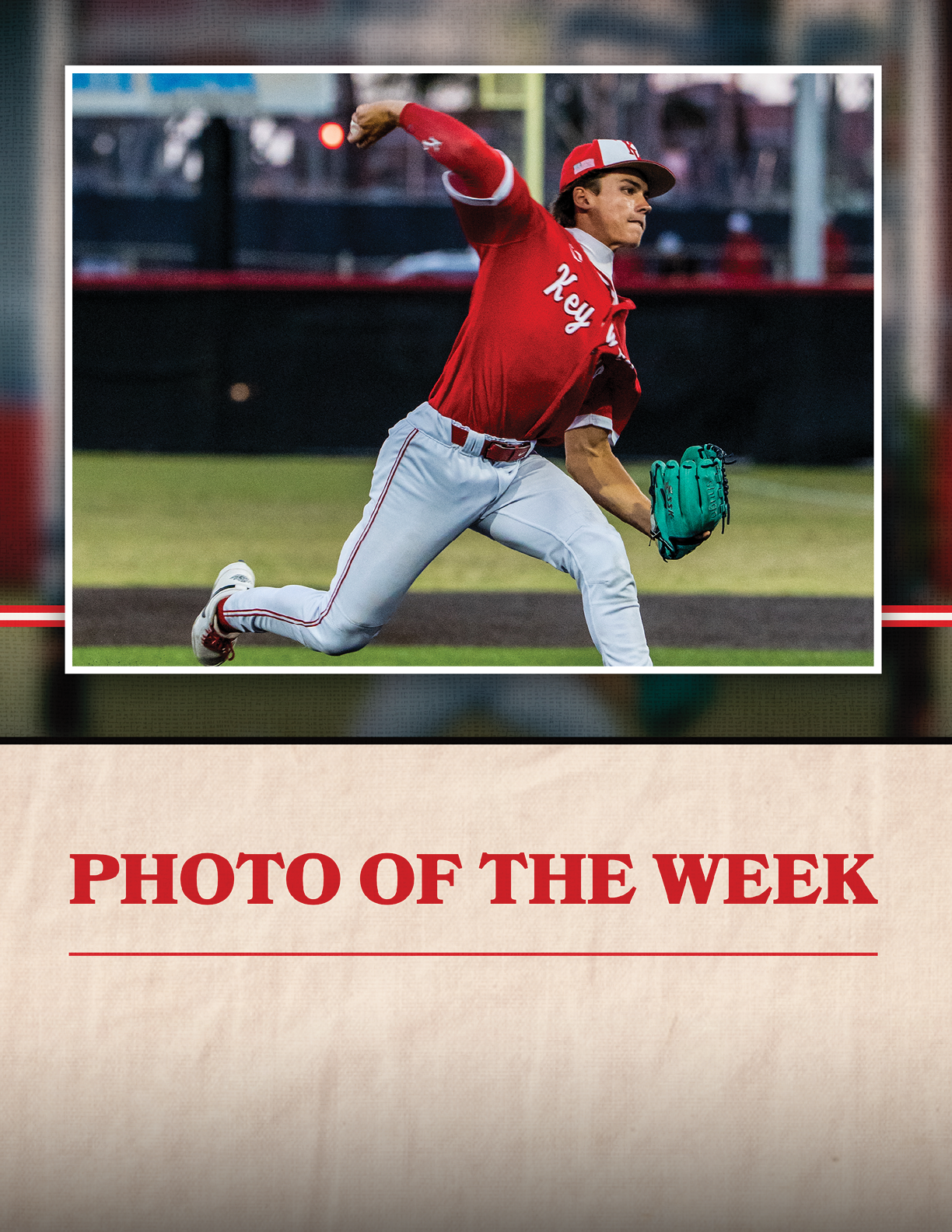 A baseball player in a red shirt and white pants is pitching a ball. Description generated by AI
