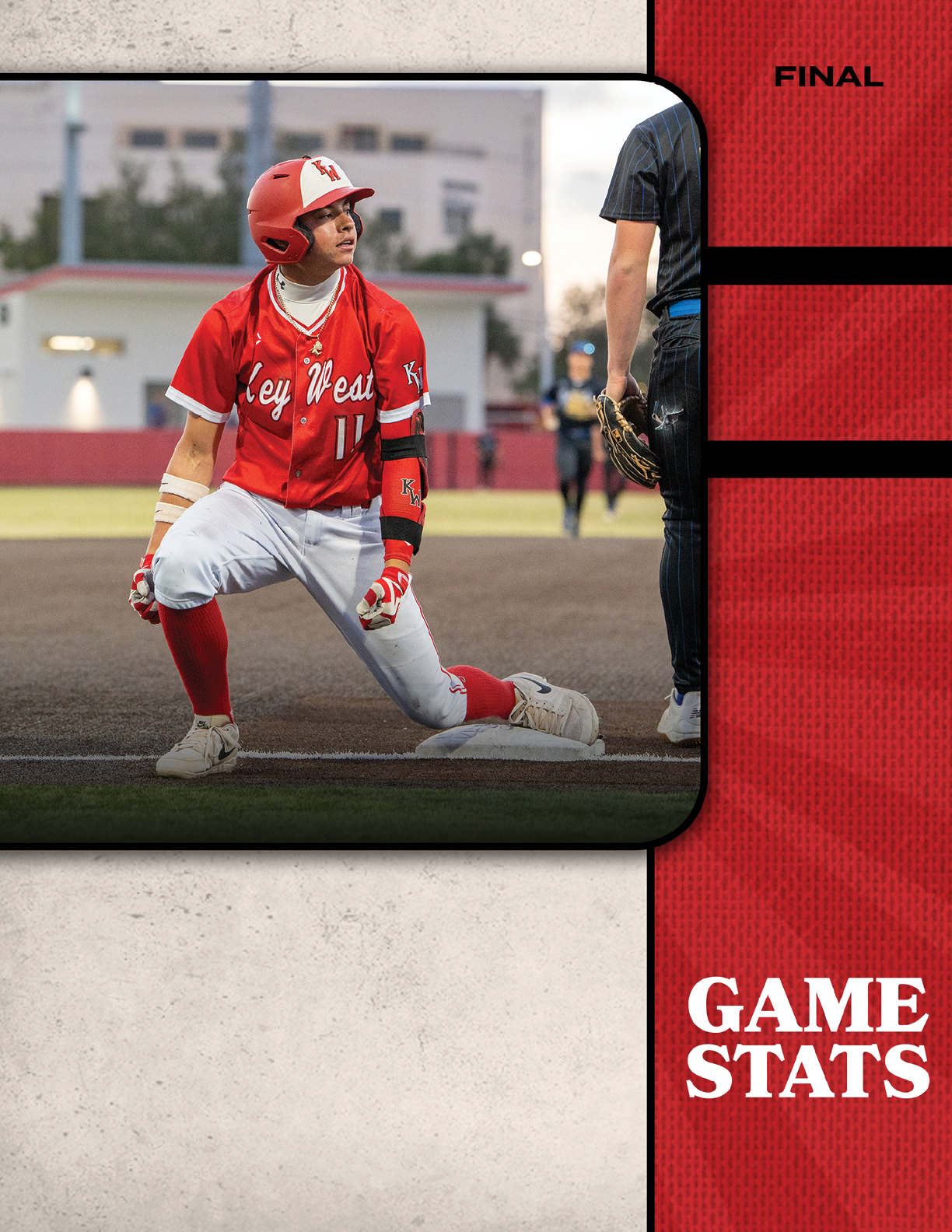 A baseball player in a red and white uniform is bending over on the field. Description generated by AI