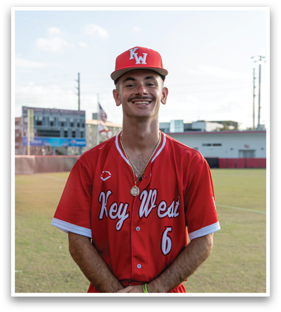 A man wearing a red jersey with the number 6 on it. Description generated by AI