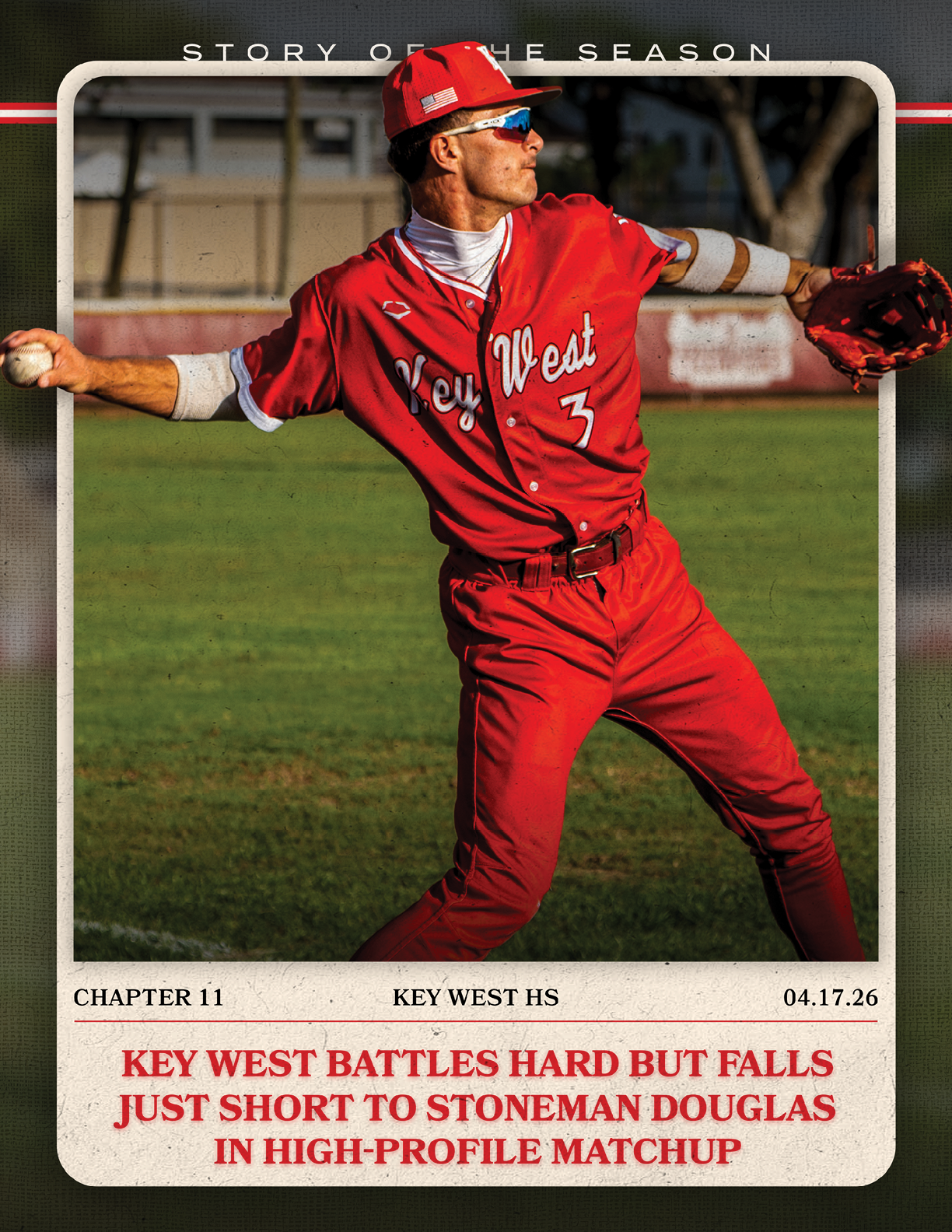 A baseball player in a red jersey and red pants. Description generated by AI