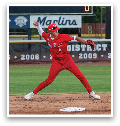 A baseball player in a red uniform is pitching a ball. Description generated by AI
