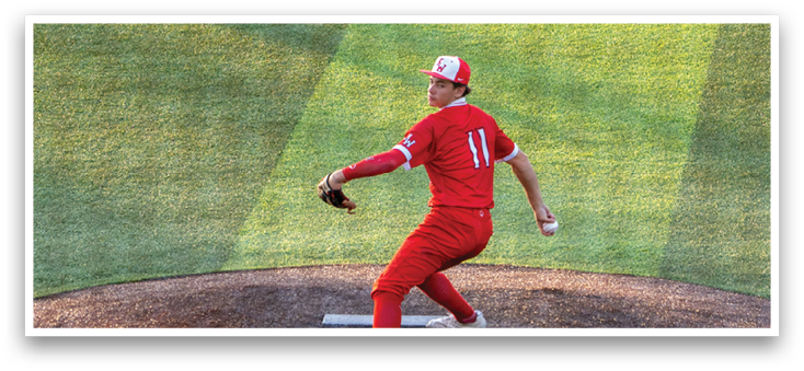 A baseball player in a red shirt and white shoes is pitching a ball. Description generated by AI