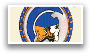 A blue and orange shield with a helmet on it. Description generated by AI