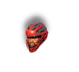 A red helmet with a face on it. Description generated by AI