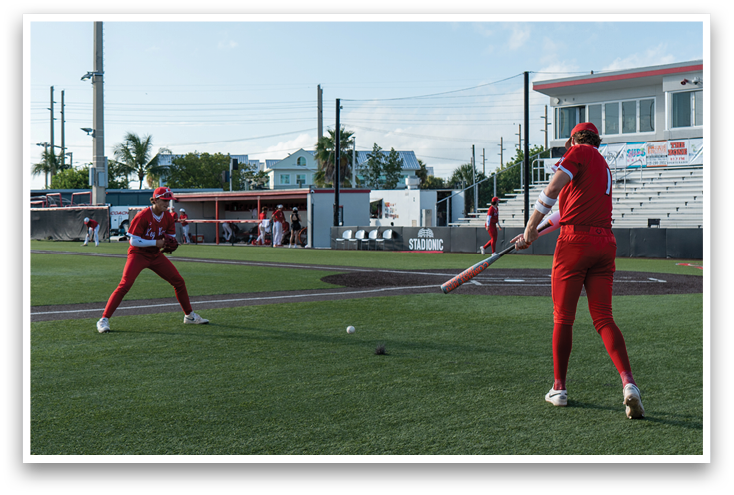 A baseball player in a red shirt and red pants is swinging a bat. Description generated by AI