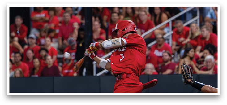 A baseball player in a red uniform is swinging a bat. Description generated by AI