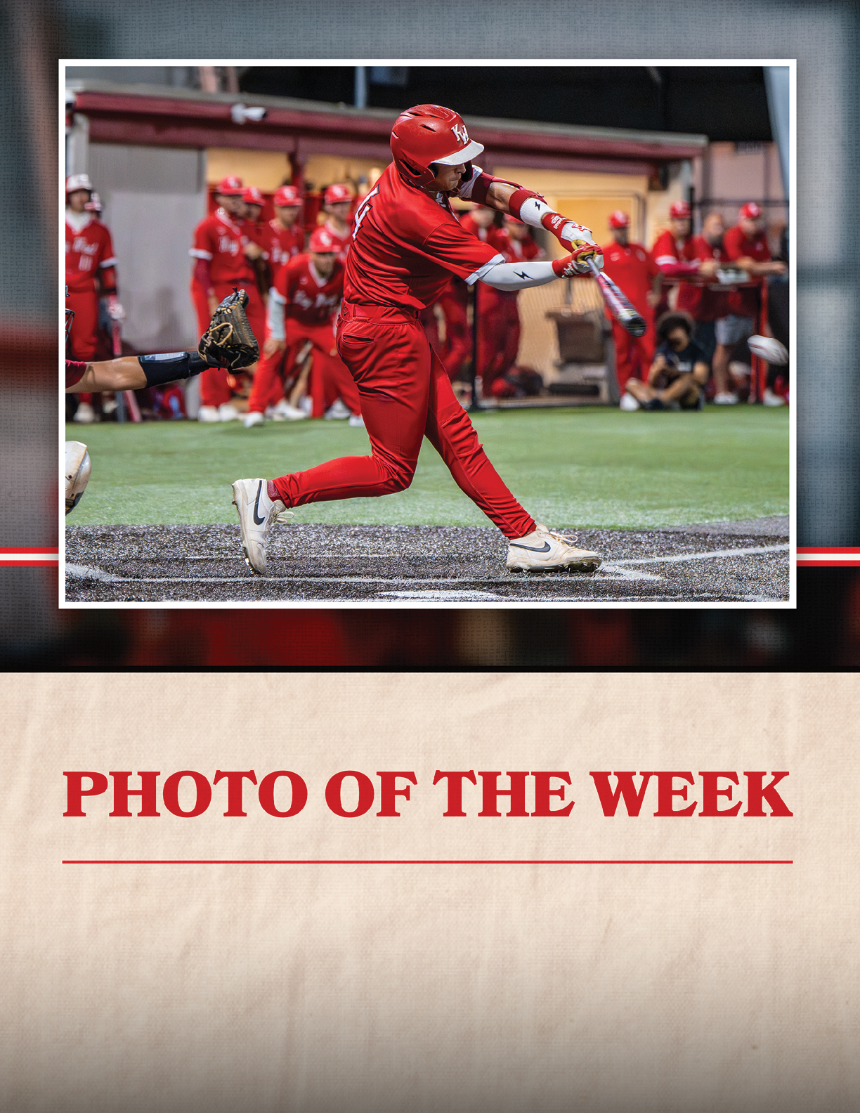 A baseball player in a red jersey swinging a bat. Description generated by AI