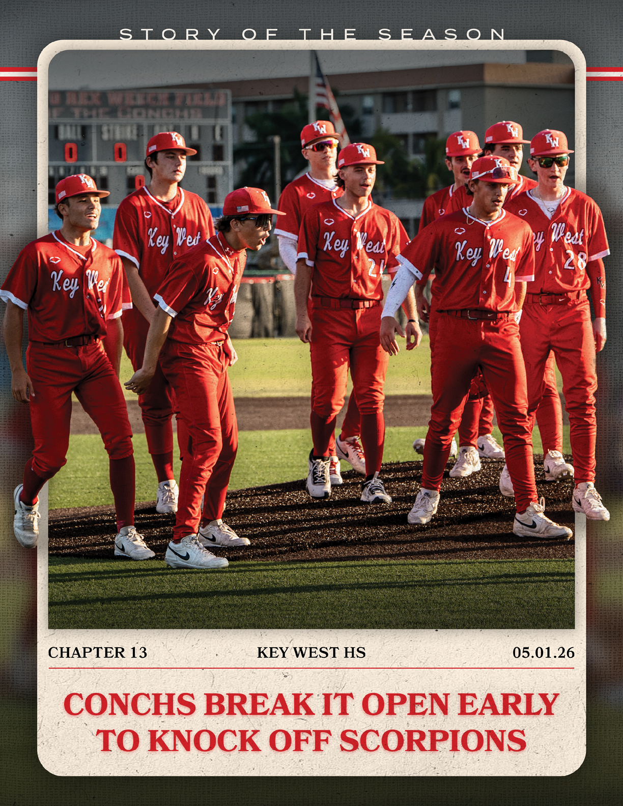 A group of baseball players wearing red uniforms. Description generated by AI