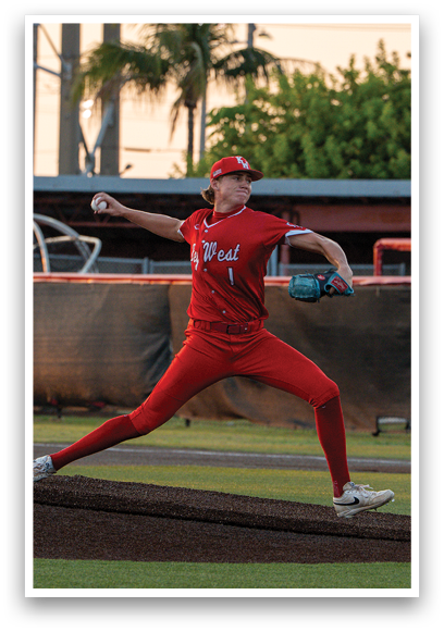 A baseball player in a red uniform is pitching a ball. Description generated by AI