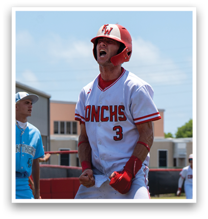 A baseball player wearing a red helmet and white jersey celebrating. Description generated by AI