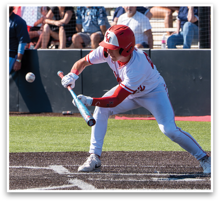 A baseball player is swinging a bat at a ball. Description generated by AI