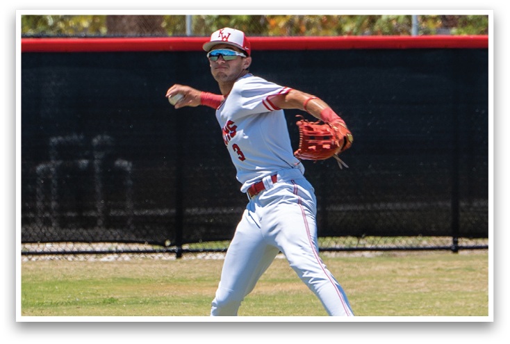 A baseball player wearing a red and white uniform and a red glove. Description generated by AI